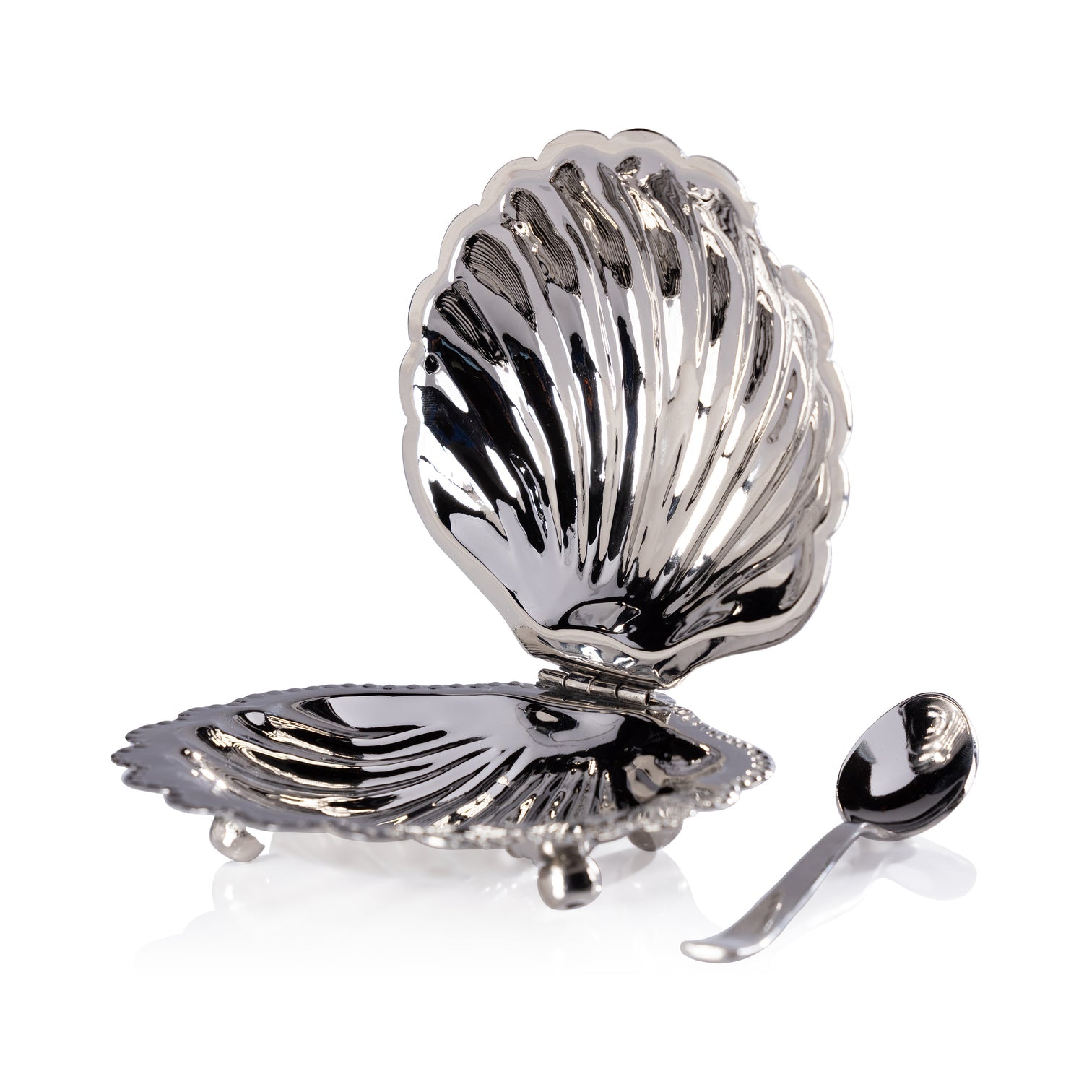 Polished Nickel Fan Shell Lidded Bowl with Spoon - Image 3